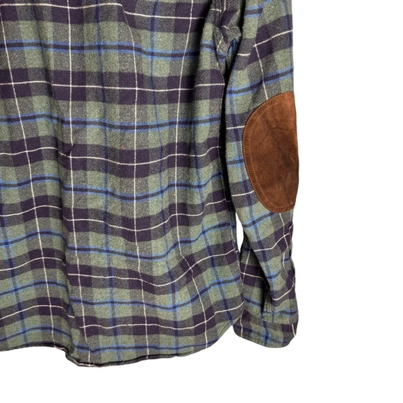 J.Crew Mens Green Blue Plaid Flannel Shirt Wool Blend Suede Elbow Patches M - Picture 8 of 11